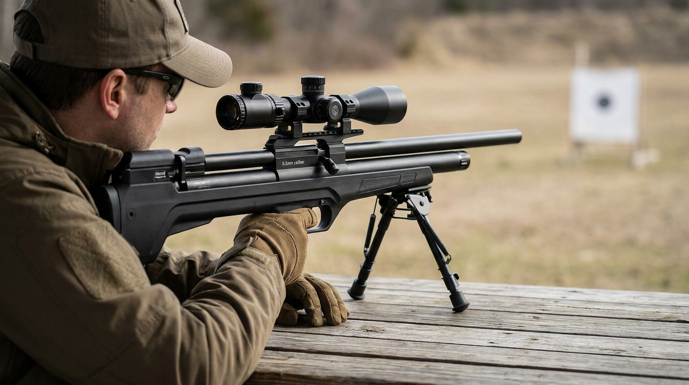 Un tireur visant une cible avec une carabine Bullpup PCP équipée d'une lunette sur un bipied en extérieur.