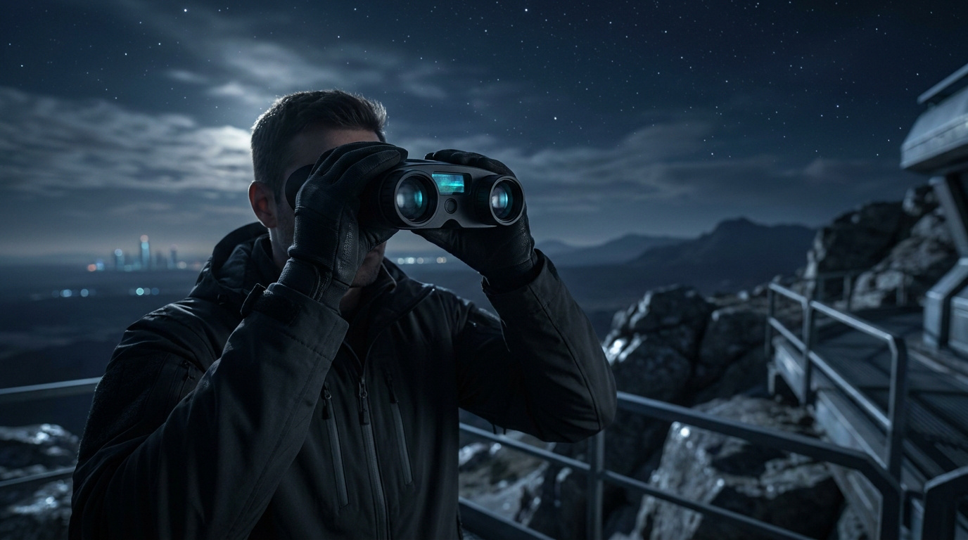 Un homme portant des gants tactiques utilise des jumelles futuristes de nuit, observant un paysage montagneux illuminé.