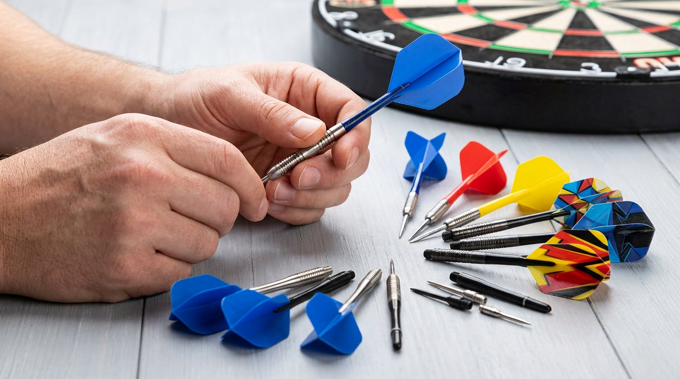 Mains tenant une fléchette bleue au-dessus d'une table avec un jeu de fléchettes et divers accessoires.