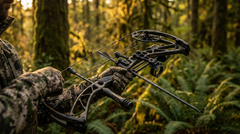 Un chasseur en tenue camouflage tient son arc à poulies Mathews Triax dans une forêt baignée par la lumière du soleil.