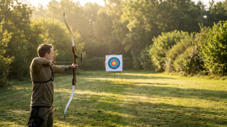 Un archer concentré vise une cible en extérieur avec un arc classique sous une lumière dorée.