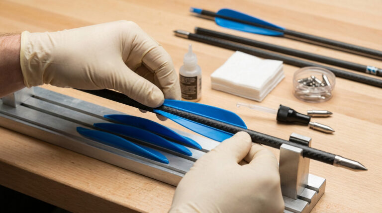 Mains gantées fixant des plumes bleues sur un fût de flèche en carbone à l'aide d'un gabarit de collage.