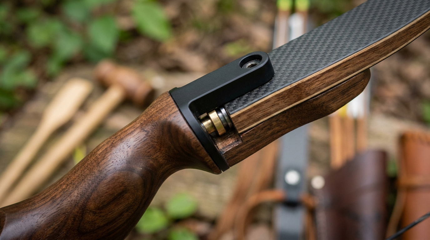 Gros plan sur la fixation ILF d'un arc traditionnel en bois et fibre de carbone, posé en extérieur.