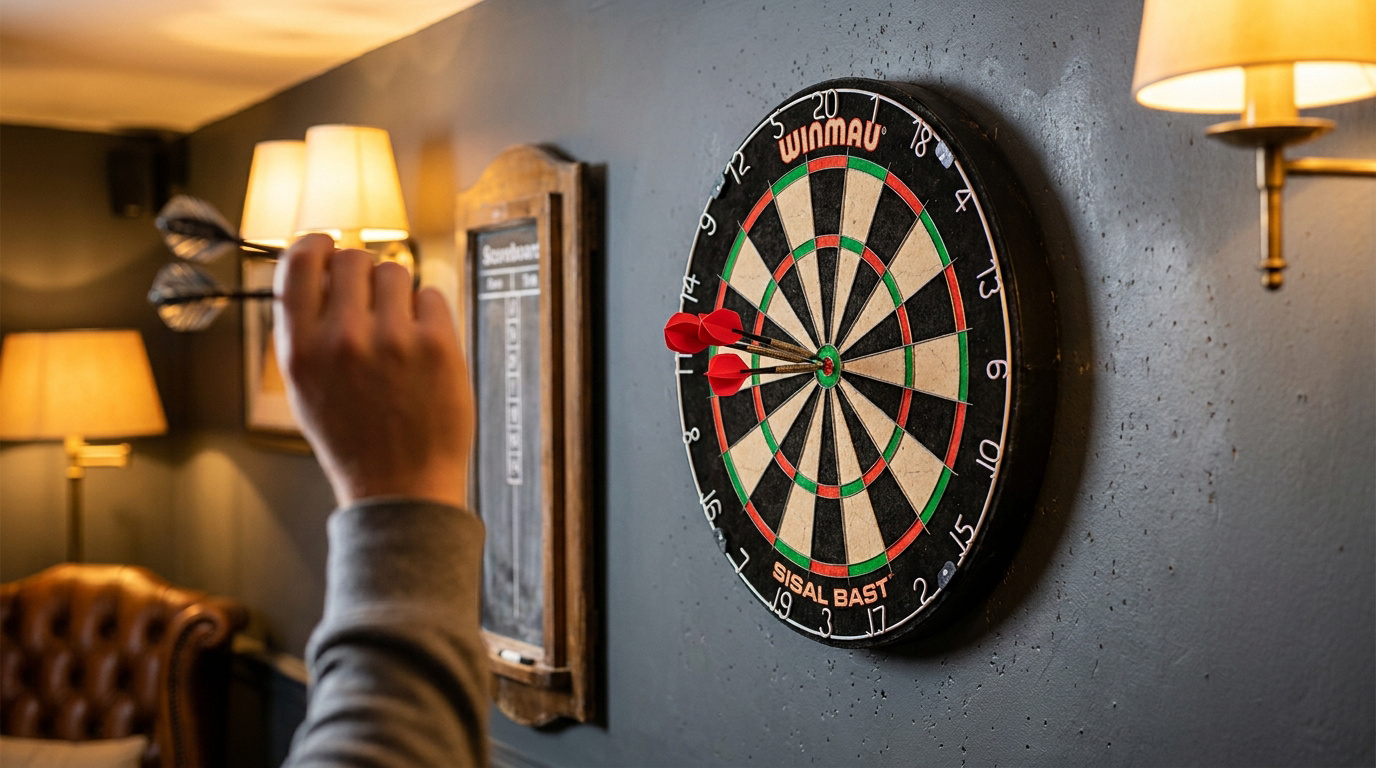 Une personne lance des fléchettes sur une cible Winmau fixée au mur dans une pièce à l'ambiance chaleureuse.