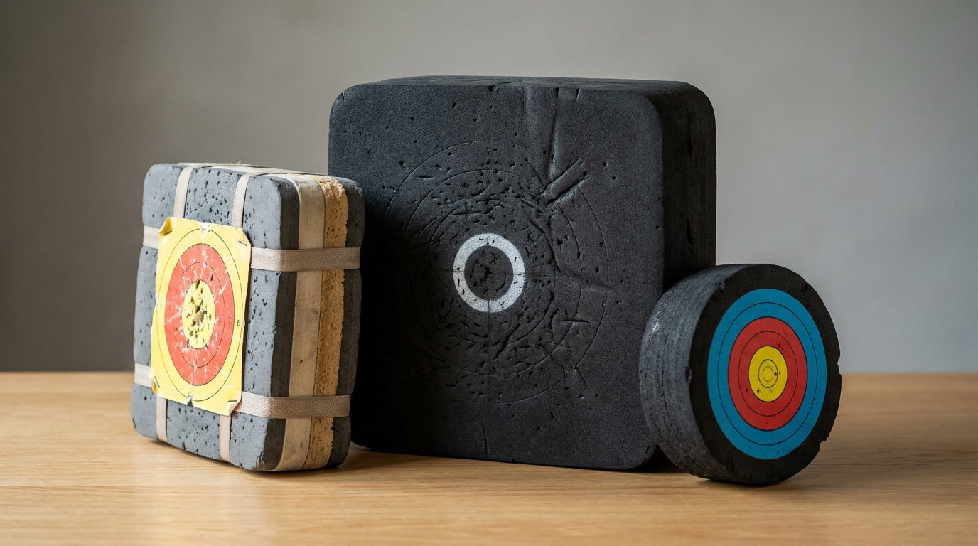 Trois cibles de tir à l'arc en mousse de formes et tailles différentes posées sur une table en bois.