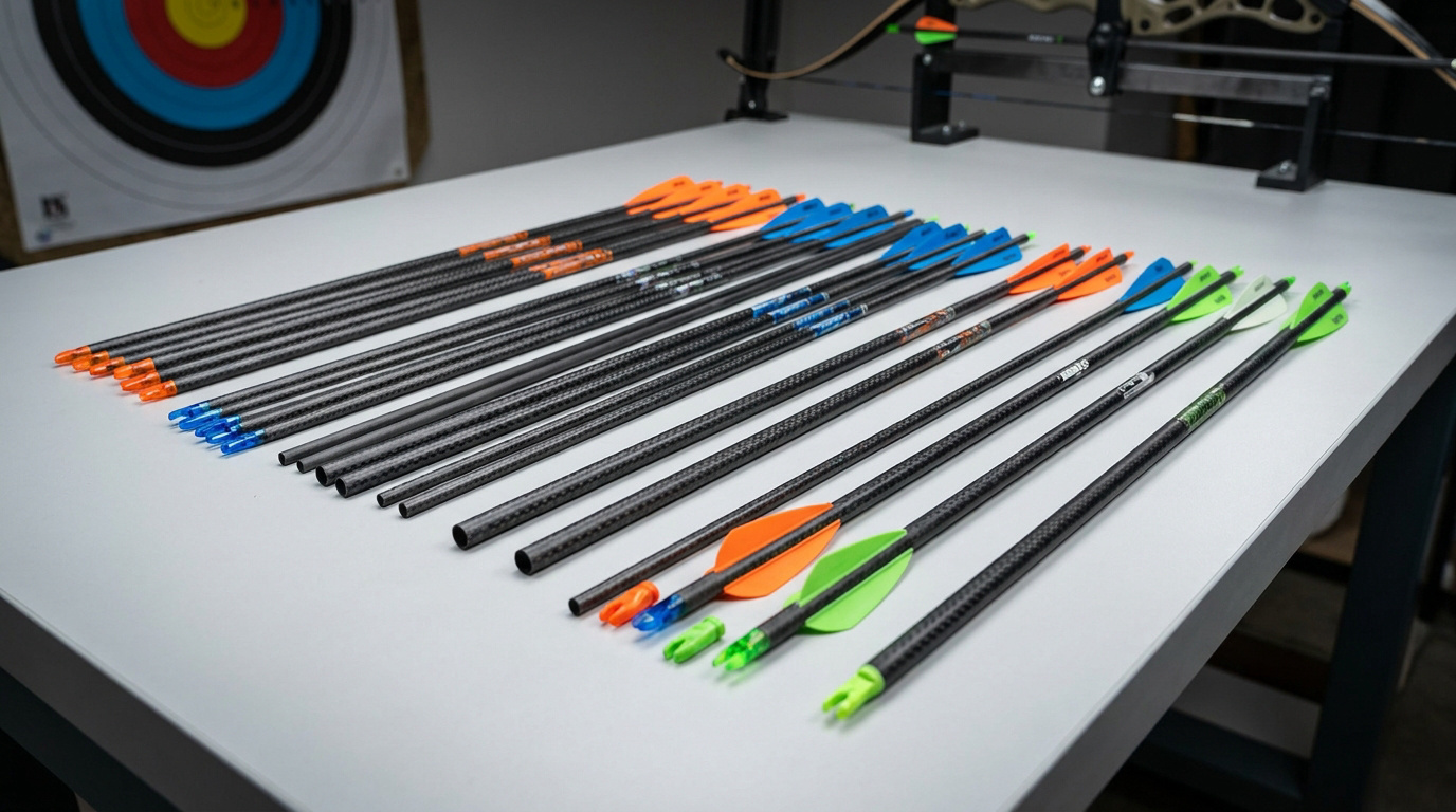 Plusieurs flèches de tir à l'arc en carbone avec des empennages colorés disposées sur une table blanche.