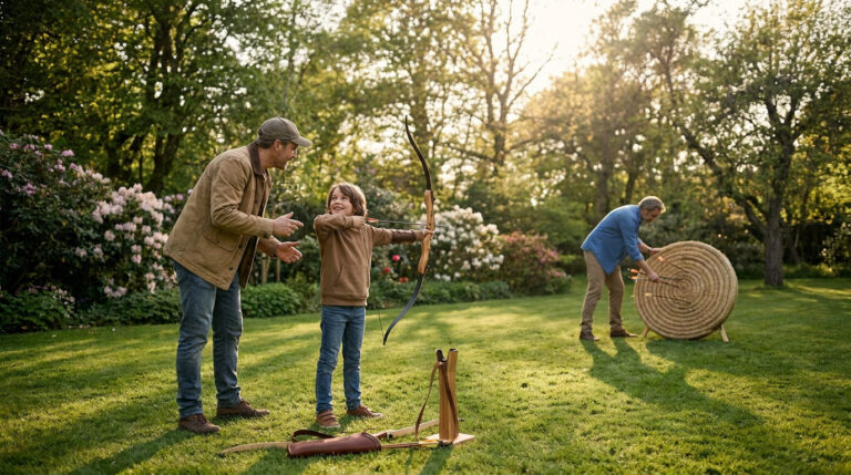 Un père apprend à son fils à utiliser un arc dans un jardin ensoleillé tandis qu'un homme retire des flèches de la cible.