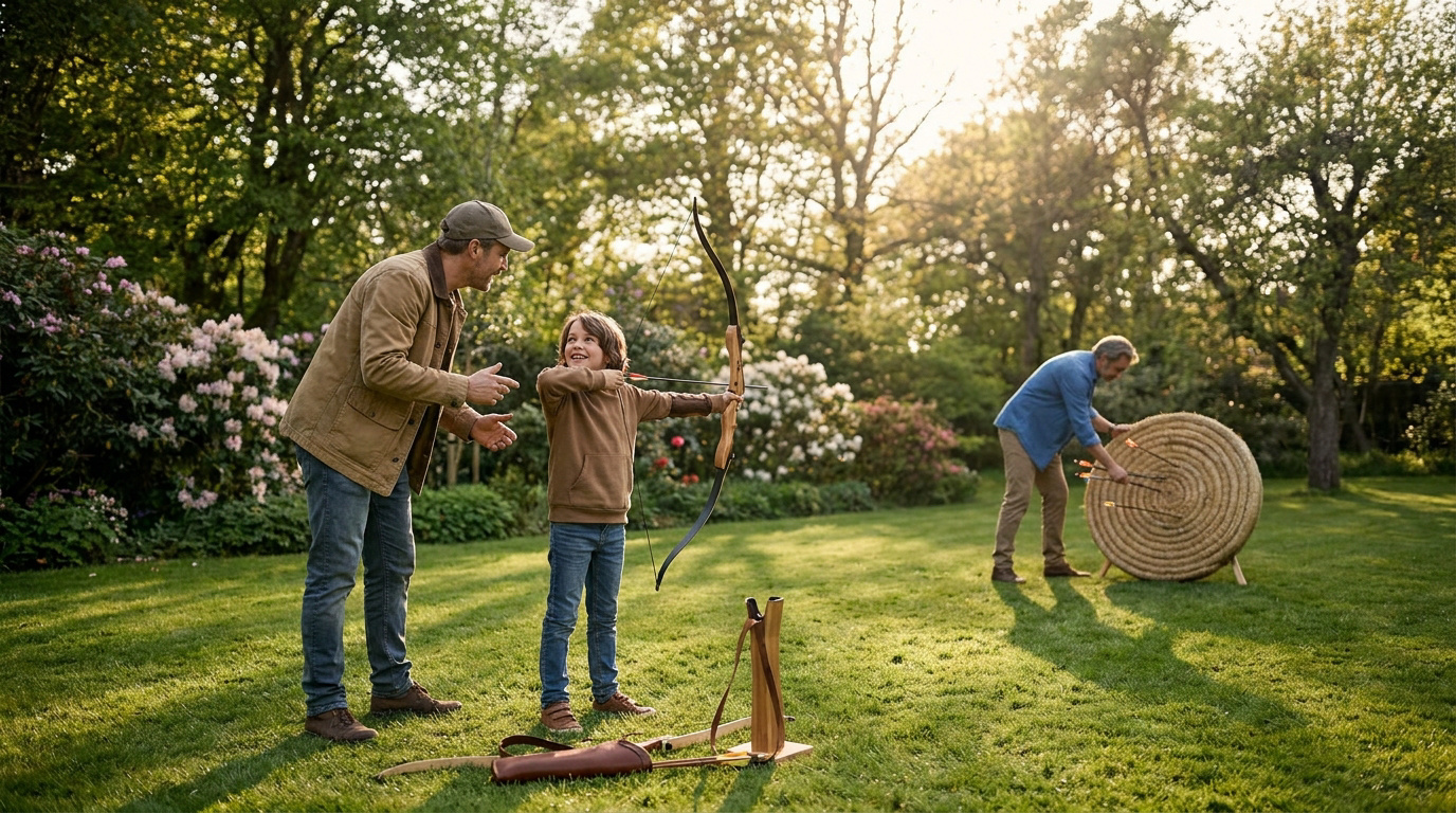 Un père apprend à son fils à utiliser un arc dans un jardin ensoleillé tandis qu'un homme retire des flèches de la cible.