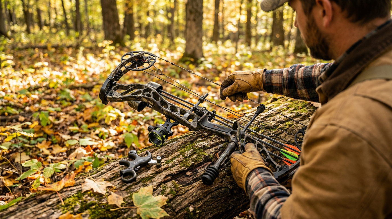 Un archer ajuste son arc à poulies camouflé posé sur un tronc d'arbre dans une forêt automnale.