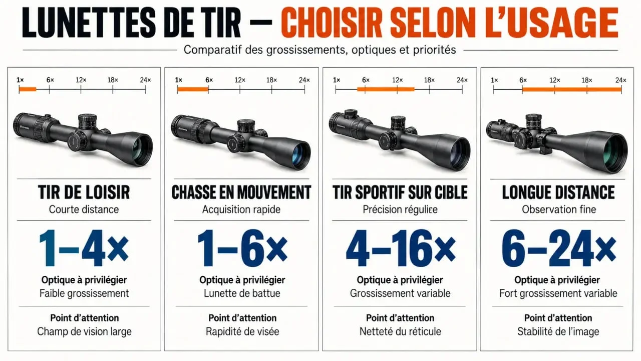Comparaison des lunettes de tir selon l’usage, le grossissement et la distance